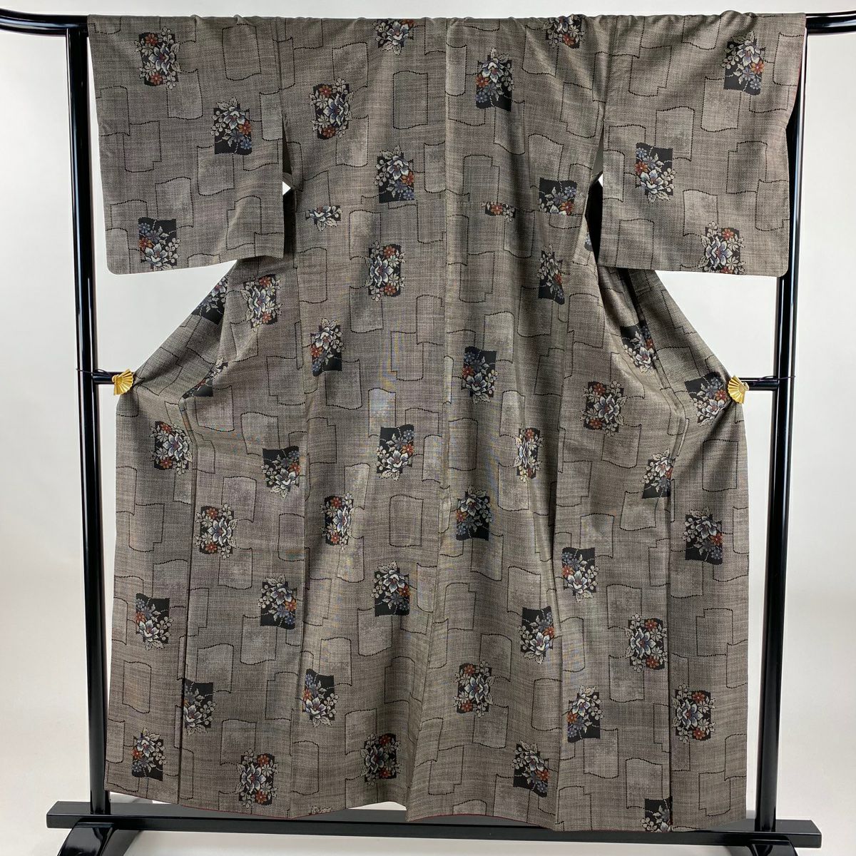 【美品】 紬織織 身長157cm 袖長65cm M 雙層 草花紋紋 幾何學 焦茶 純蠶絲 秀品級