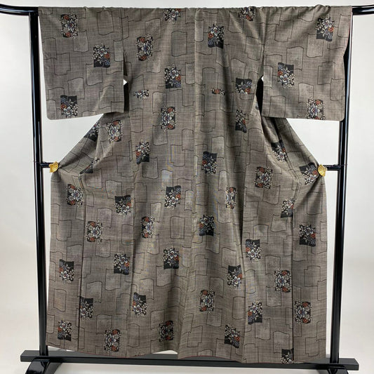 【美品】 紬織織 身長157cm 袖長65cm M 雙層 草花紋紋 幾何學 焦茶 純蠶絲 秀品級