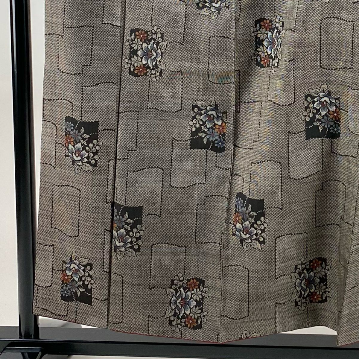 【美品】 紬織織 身長157cm 袖長65cm M 雙層 草花紋紋 幾何學 焦茶 純蠶絲 秀品級