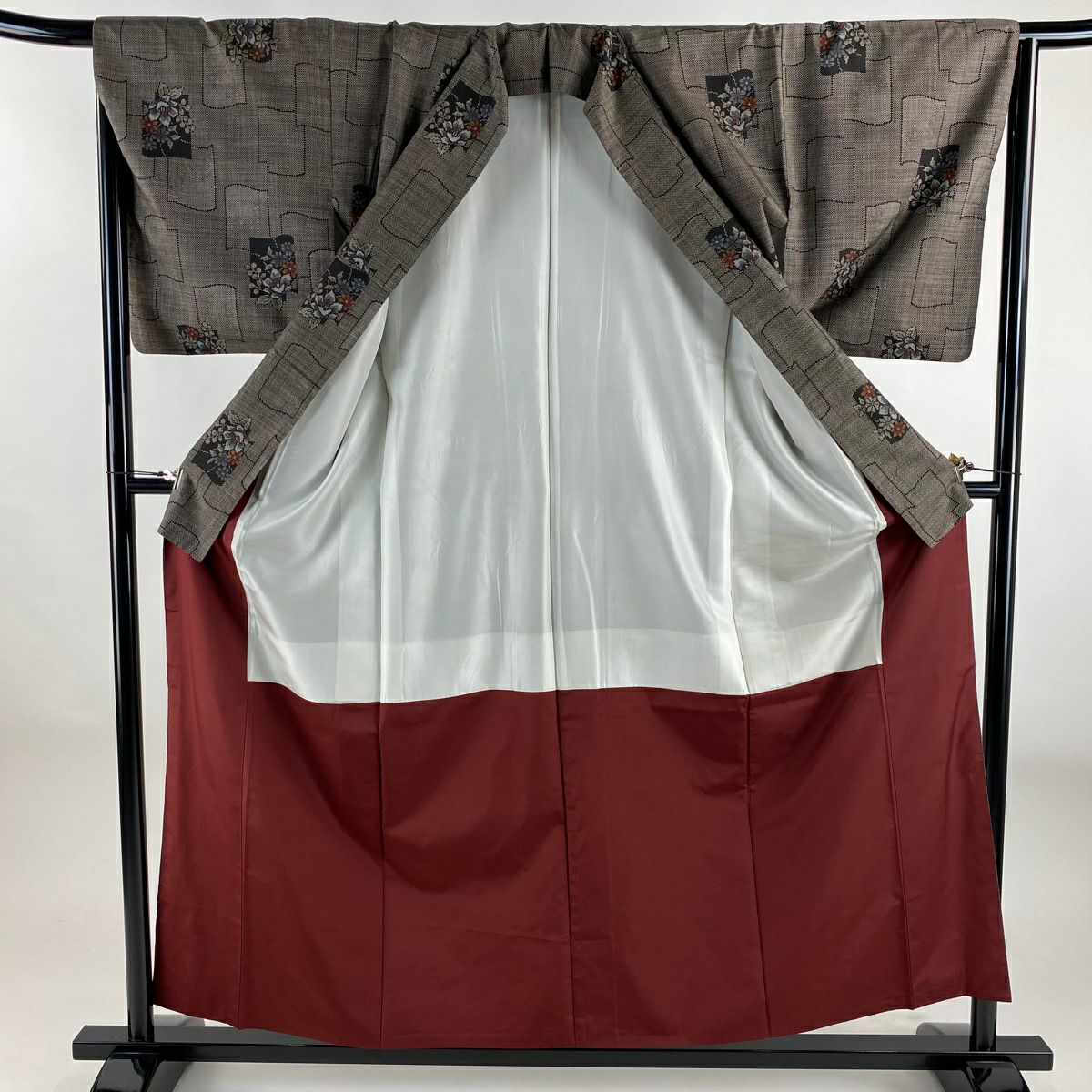 【美品】 紬織織 身長157cm 袖長65cm M 雙層 草花紋紋 幾何學 焦茶 純蠶絲 秀品級
