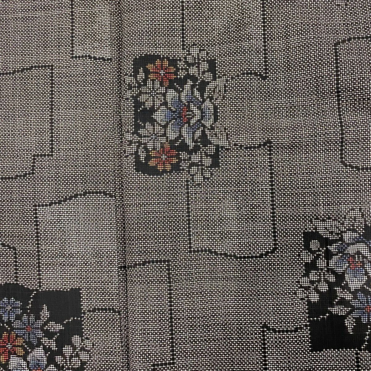 【美品】 紬織織 身長157cm 袖長65cm M 雙層 草花紋紋 幾何學 焦茶 純蠶絲 秀品級
