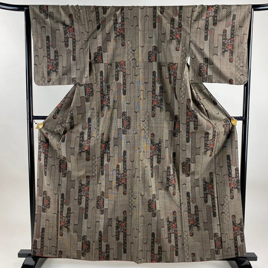 【美品】 紬織織 身長162cm 袖長65cm M 雙層 草花紋紋 幾何學 焦茶 純蠶絲 秀品級