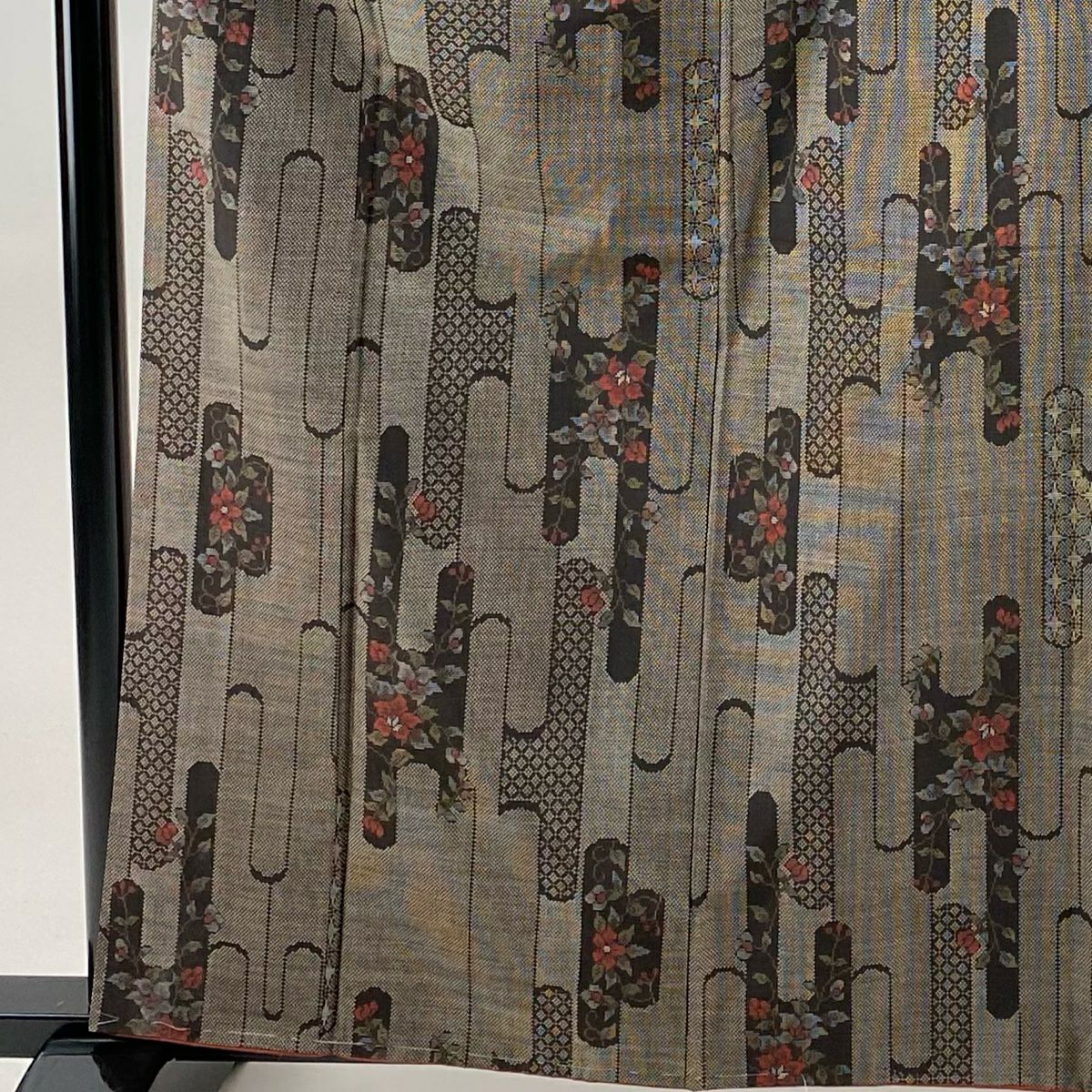 【美品】 紬織織 身長162cm 袖長65cm M 雙層 草花紋紋 幾何學 焦茶 純蠶絲 秀品級