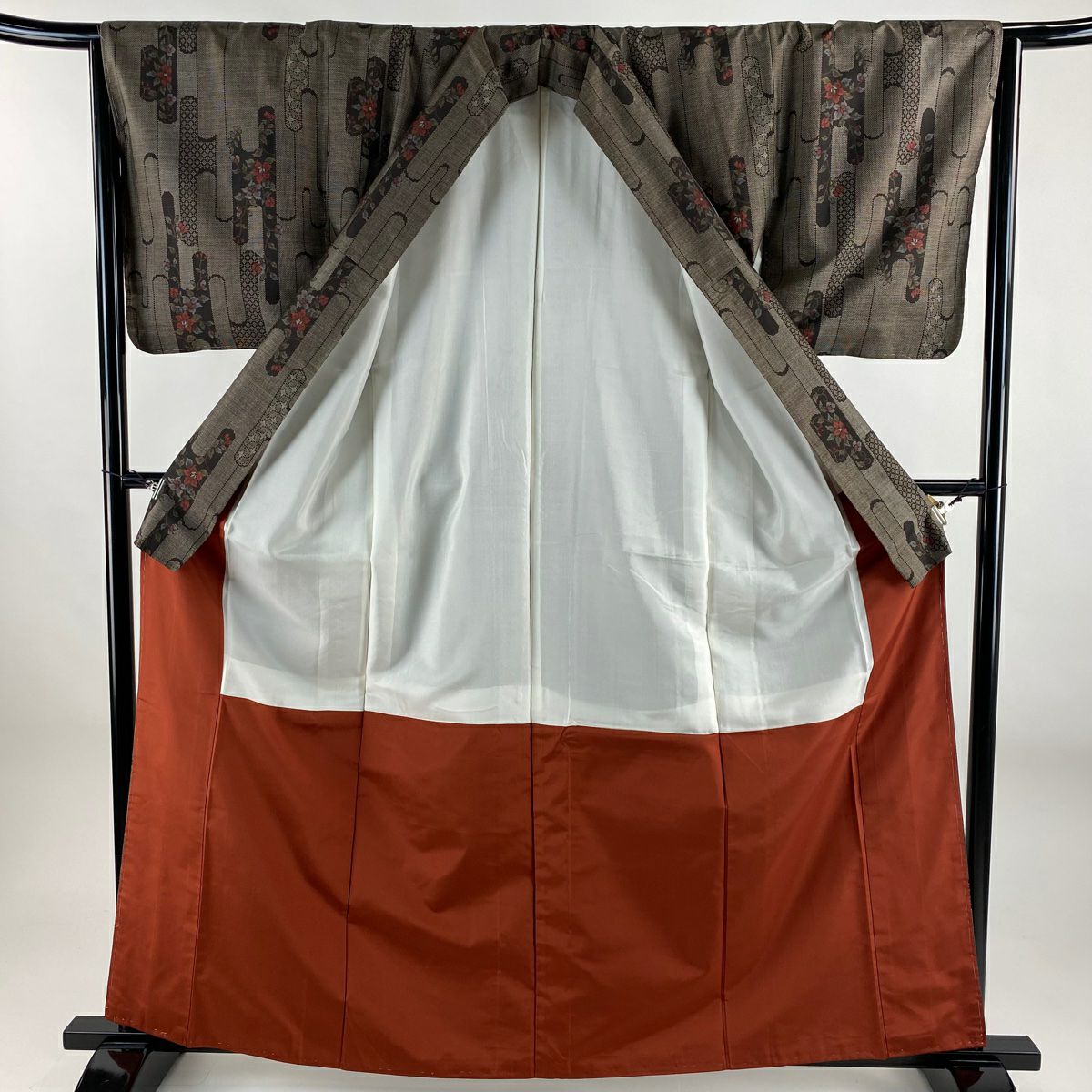 【美品】 紬織織 身長162cm 袖長65cm M 雙層 草花紋紋 幾何學 焦茶 純蠶絲 秀品級