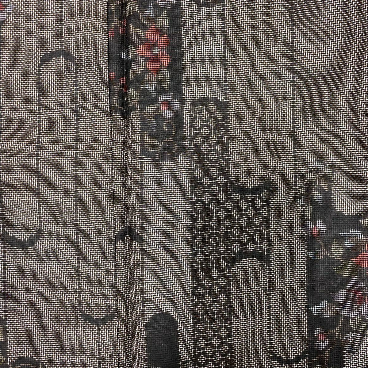 【美品】 紬織織 身長162cm 袖長65cm M 雙層 草花紋紋 幾何學 焦茶 純蠶絲 秀品級