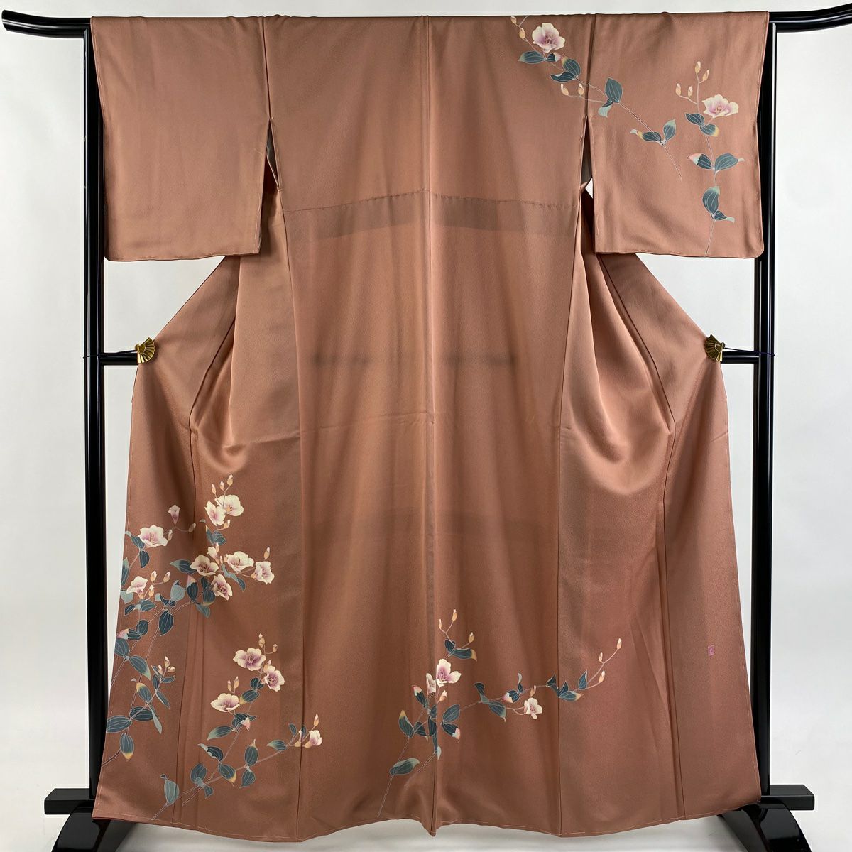 訪問服 身長162cm 袖長65.5cm M 雙層 附款 草花紋紋 粉米色 純蠶絲 優品級