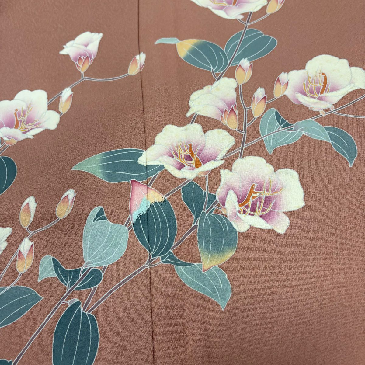 訪問服 身長162cm 袖長65.5cm M 雙層 附款 草花紋紋 粉米色 純蠶絲 優品級