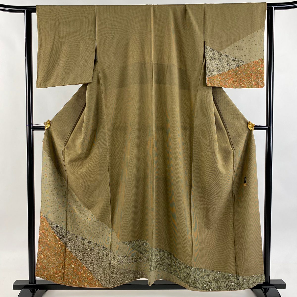 【美品】 付下 身長156.5cm 袖長61.5cm S 雙層 落款あり 草花紋紋 縱條 山吹茶 純蠶絲 秀品級