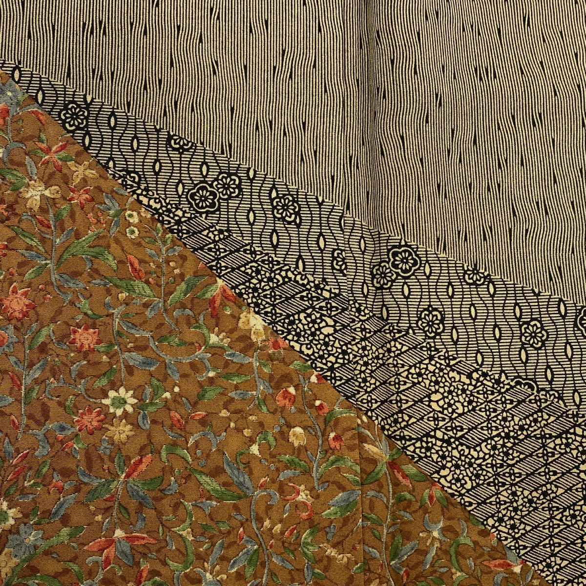 【美品】 付下 身長156.5cm 袖長61.5cm S 雙層 落款あり 草花紋紋 縱條 山吹茶 純蠶絲 秀品級