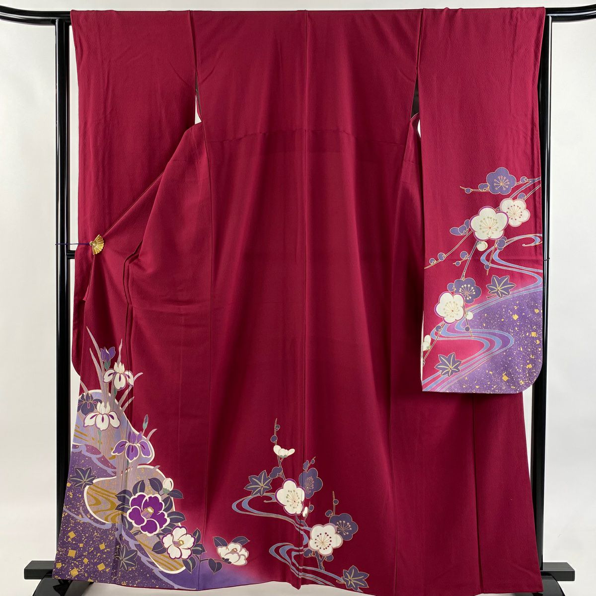 振袖禮服 身長161cm 袖長64cm M 雙層 菖蒲 椿 金銀彩 紅紫 純蠶絲 秀品級