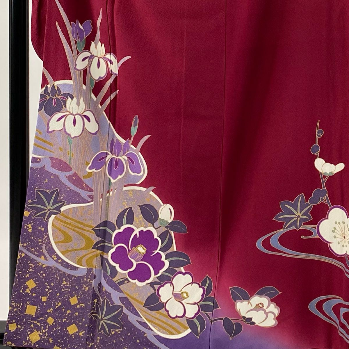 振袖禮服 身長161cm 袖長64cm M 雙層 菖蒲 椿 金銀彩 紅紫 純蠶絲 秀品級