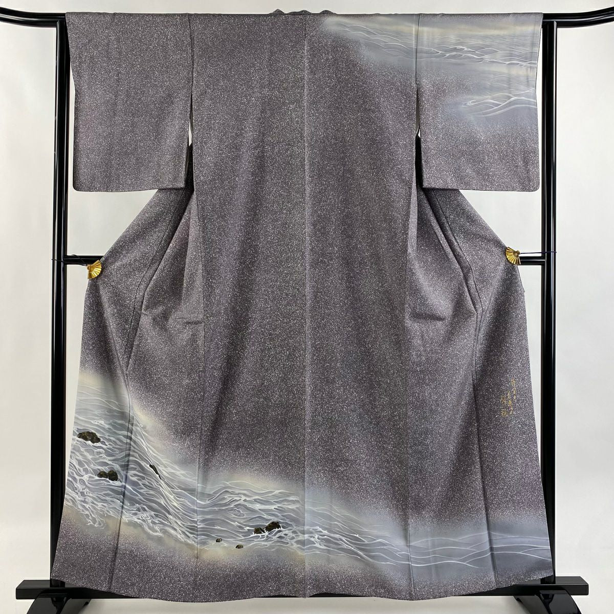 【美品】訪問服 身長159cm 袖長63cm S 雙層 紬織織 落款あり 風景 波 金銀彩 漸層 灰紫 純蠶絲 秀品級