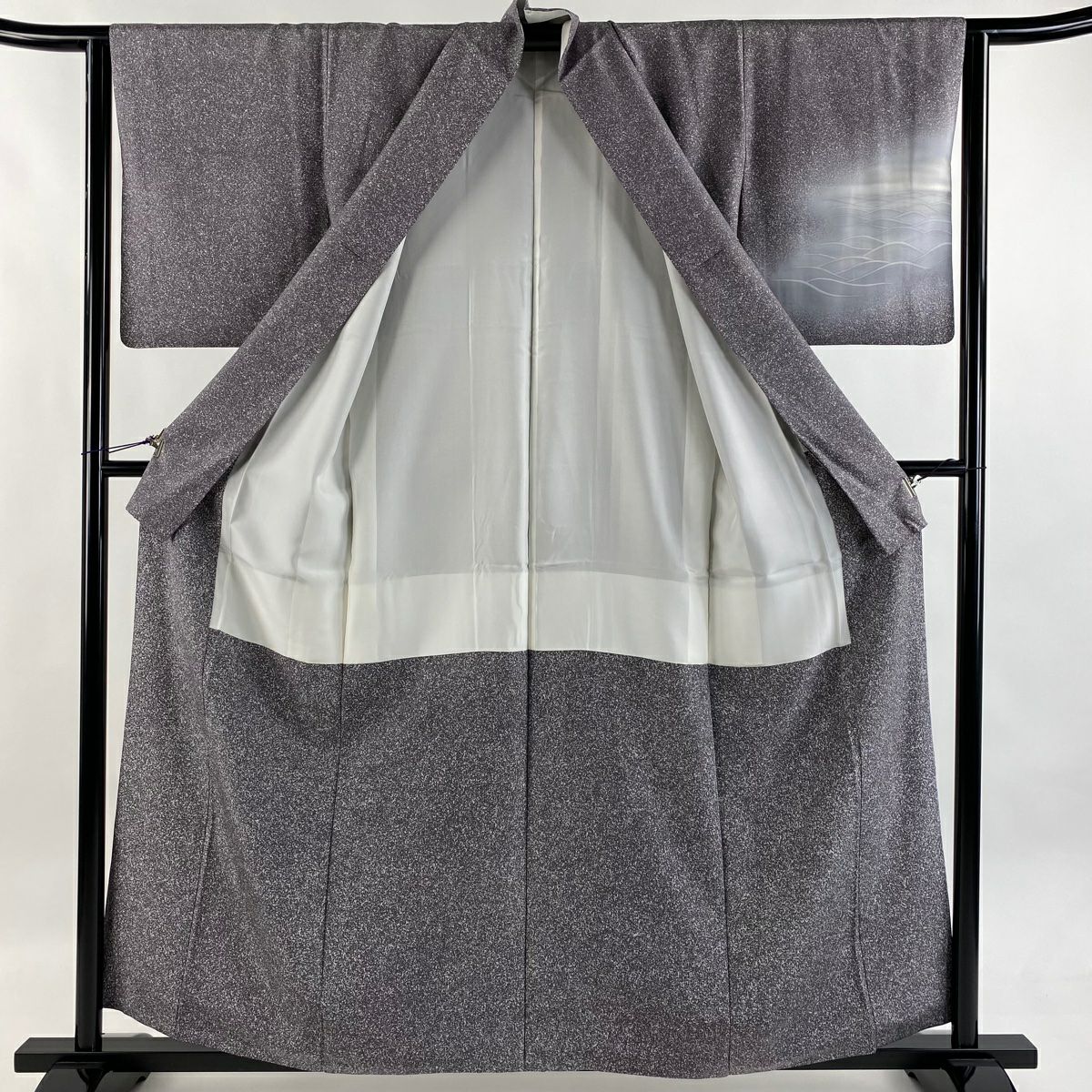 【美品】訪問服 身長159cm 袖長63cm S 雙層 紬織織 落款あり 風景 波 金銀彩 漸層 灰紫 純蠶絲 秀品級