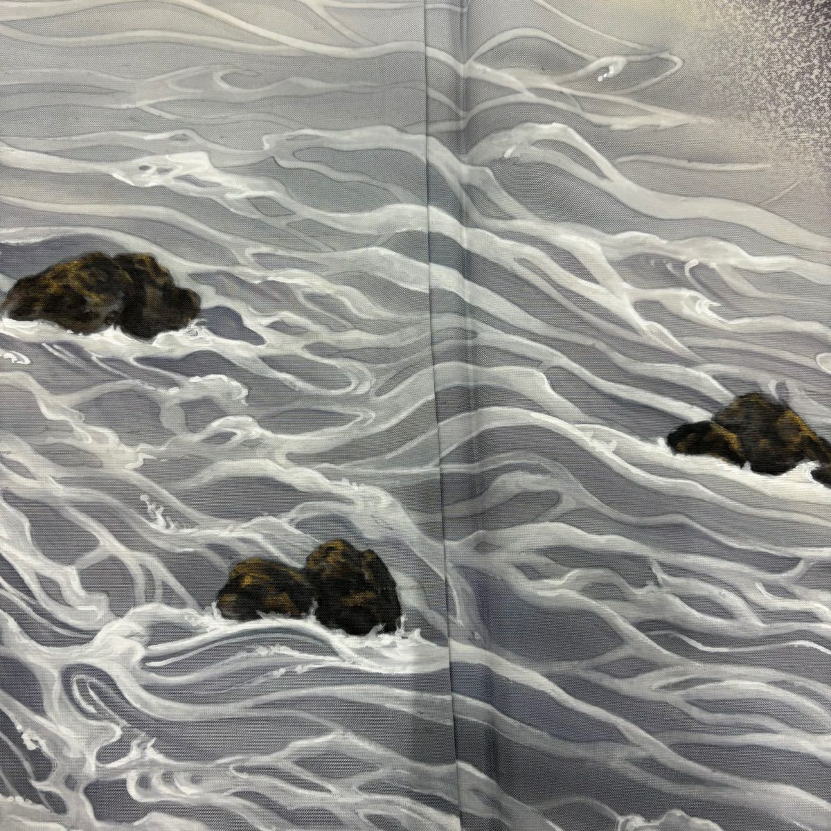 【美品】訪問服 身長159cm 袖長63cm S 雙層 紬織織 落款あり 風景 波 金銀彩 漸層 灰紫 純蠶絲 秀品級