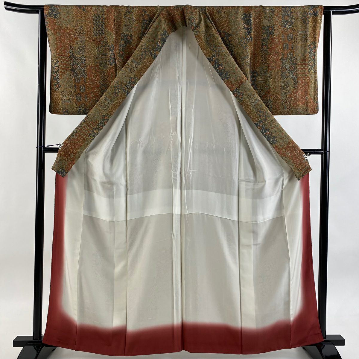 【美品】 小紋 身長161.5cm 袖長63.5cm S 雙層 二代目 更甚 落款あり 草花紋紋 建物 縮緬 紅茶 純蠶絲 秀品級