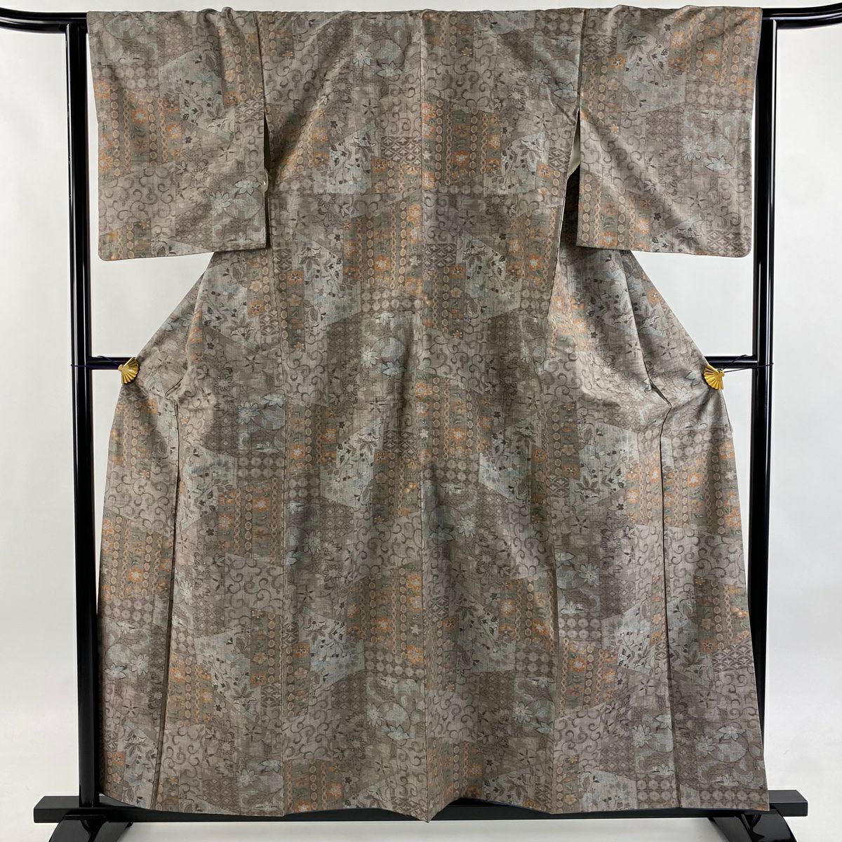 紬織 身長159.5cm 袖長64.5cm M 雙層 草花紋紋 幾何圖案 灰茶 純蠶絲 優品級