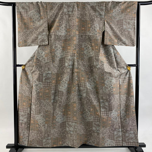 紬織 身長159.5cm 袖長64.5cm M 雙層 草花紋紋 幾何圖案 灰茶 純蠶絲 優品級