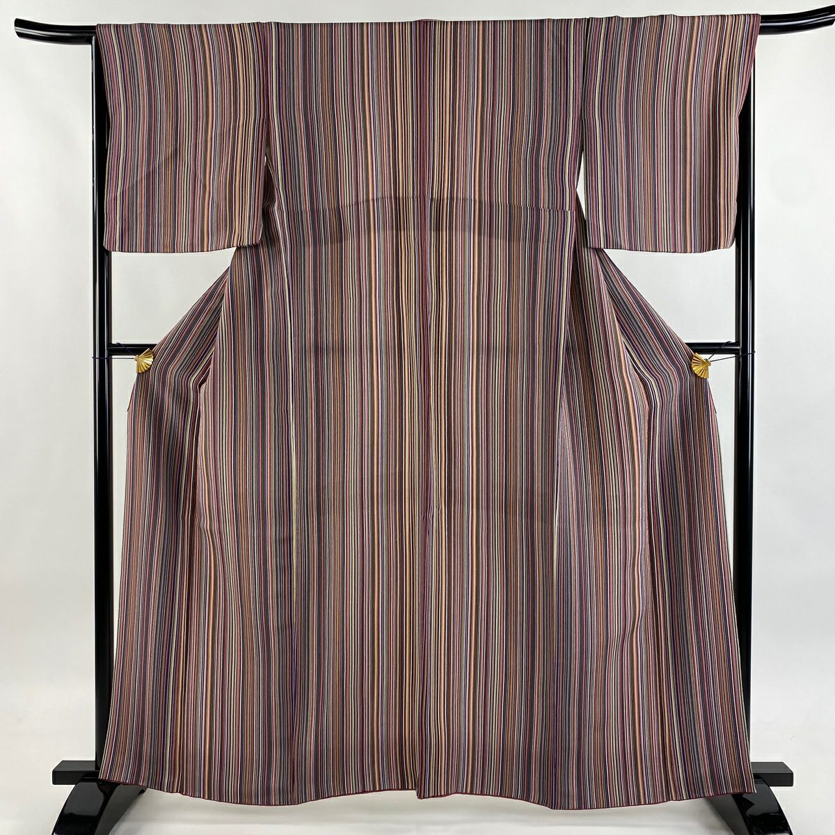 【美品】 小紋 身長160cm 袖長66cm M 雙層 縱條 縮緬 紫 純蠶絲 優品級