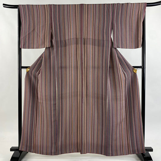 【美品】 小紋 身長160cm 袖長66cm M 雙層 縱條 縮緬 紫 純蠶絲 優品級