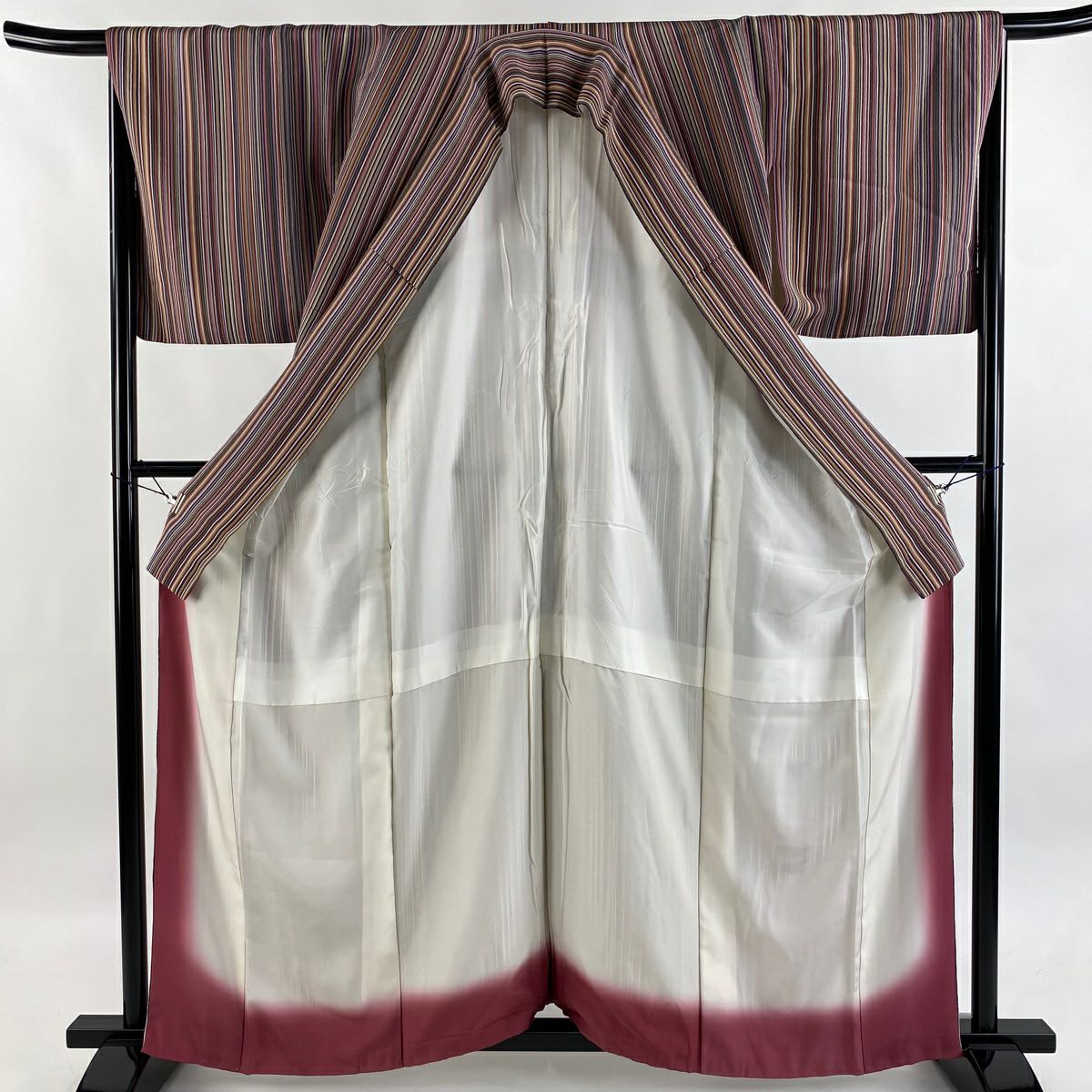 【美品】 小紋 身長160cm 袖長66cm M 雙層 縱條 縮緬 紫 純蠶絲 優品級