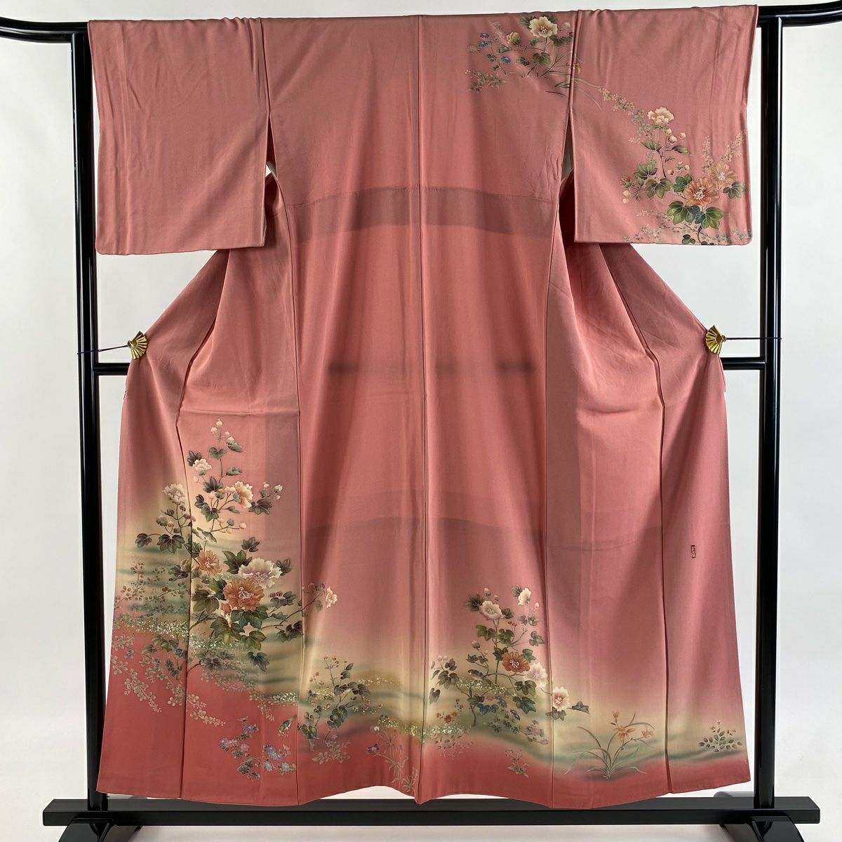 訪問服 身長153.5cm 袖長63.5cm S 雙層 落款有 枝花 草花紋 金銀彩 漸層 粉紅 純蠶絲 優品級