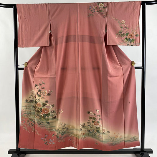 訪問服 身長153.5cm 袖長63.5cm S 雙層 落款有 枝花 草花紋 金銀彩 漸層 粉紅 純蠶絲 優品級