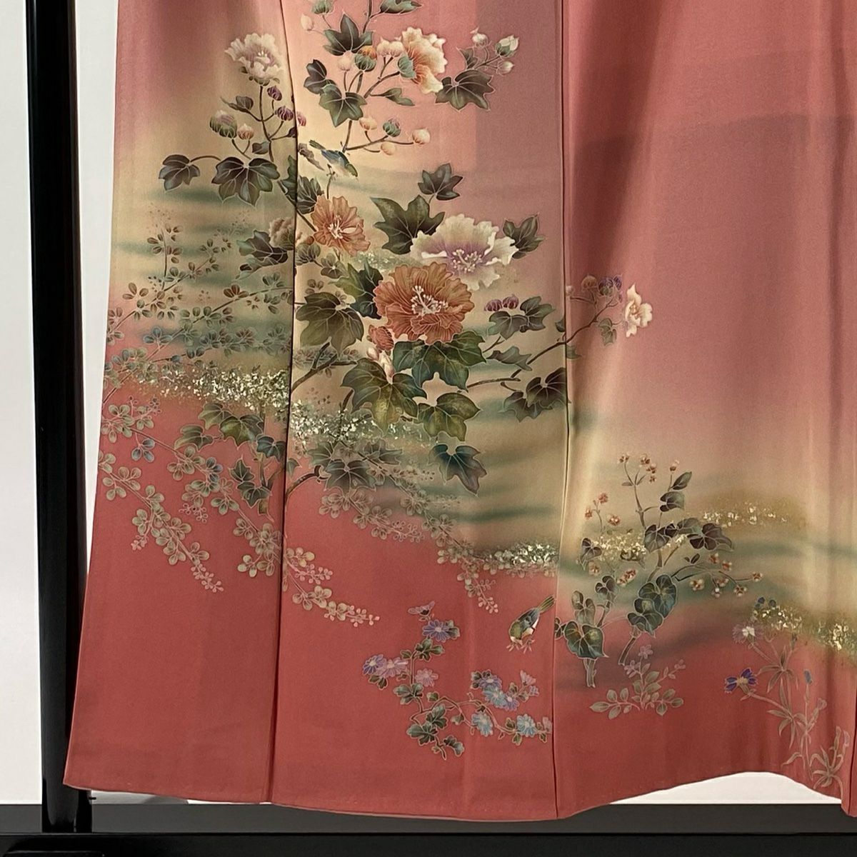訪問服 身長153.5cm 袖長63.5cm S 雙層 落款有 枝花 草花紋 金銀彩 漸層 粉紅 純蠶絲 優品級