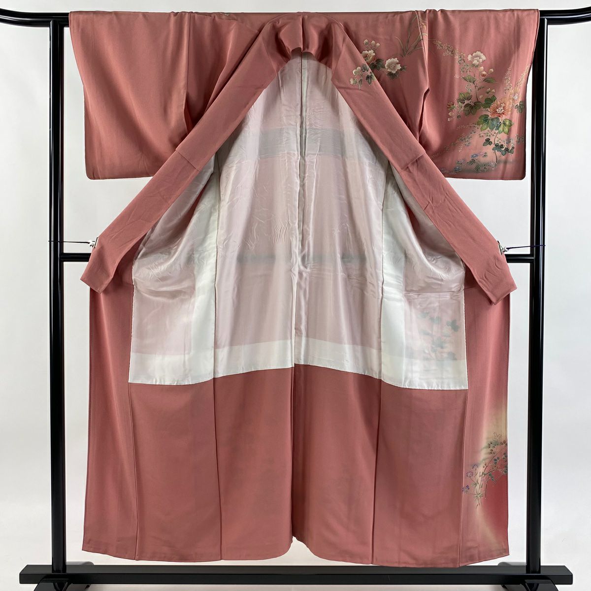 訪問服 身長153.5cm 袖長63.5cm S 雙層 落款有 枝花 草花紋 金銀彩 漸層 粉紅 純蠶絲 優品級