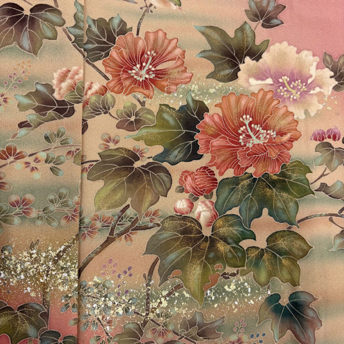 訪問服 身長153.5cm 袖長63.5cm S 雙層 落款有 枝花 草花紋 金銀彩 漸層 粉紅 純蠶絲 優品級