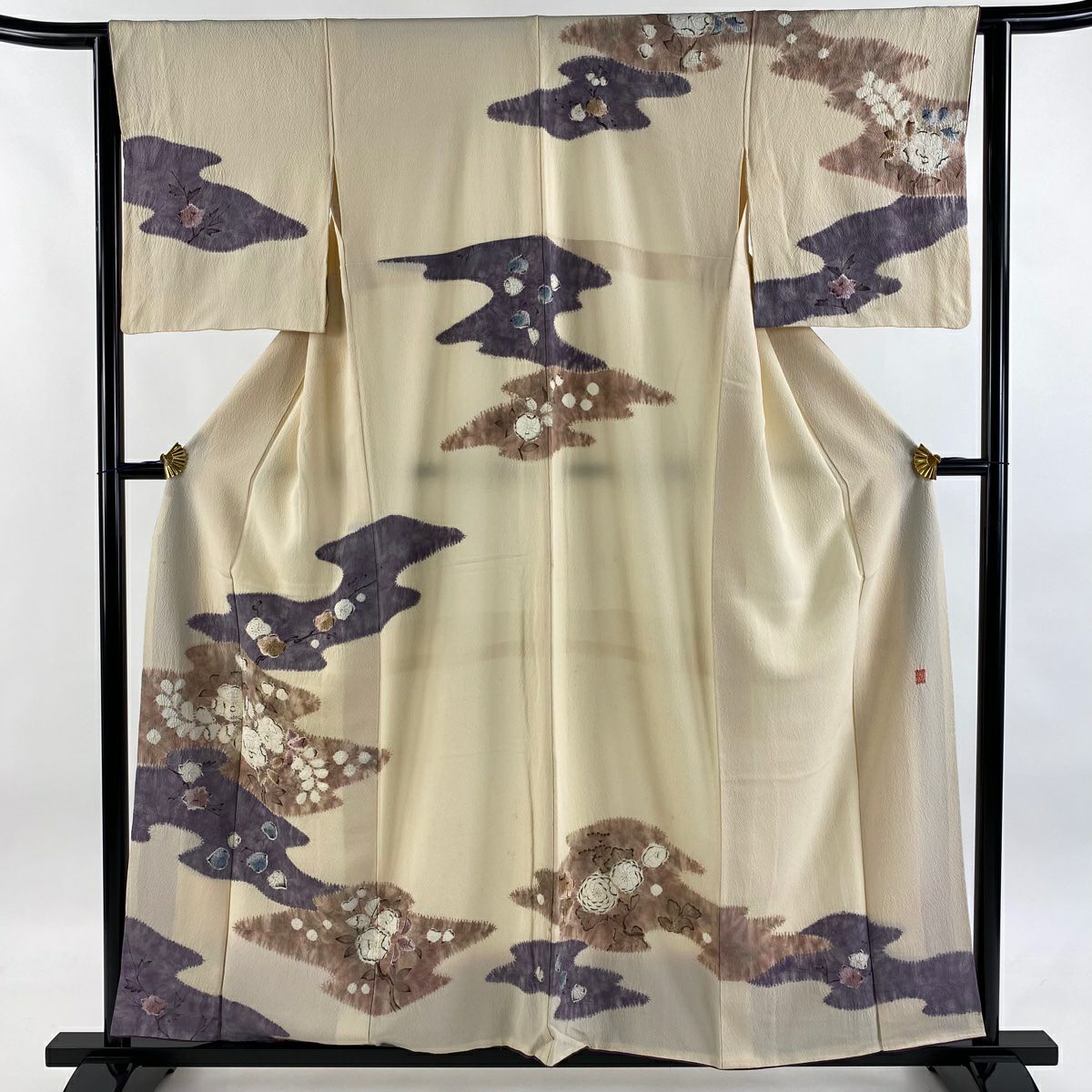 訪問服 身長158cm 袖長63cm S 雙層 滝泰 有落款 枝花 霞 絞染 縮緬 米色 純蠶絲 優品級