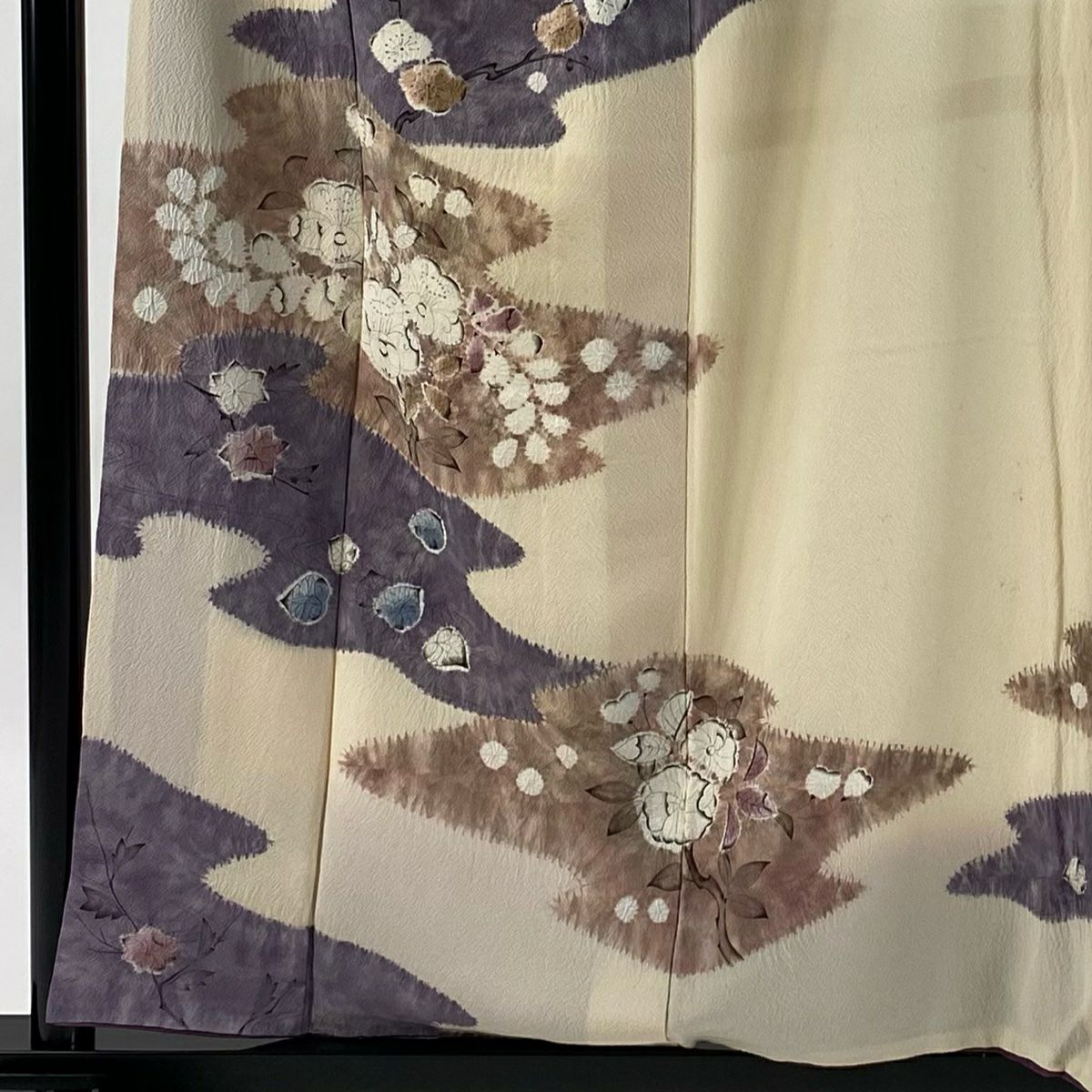 訪問服 身長158cm 袖長63cm S 雙層 滝泰 有落款 枝花 霞 絞染 縮緬 米色 純蠶絲 優品級