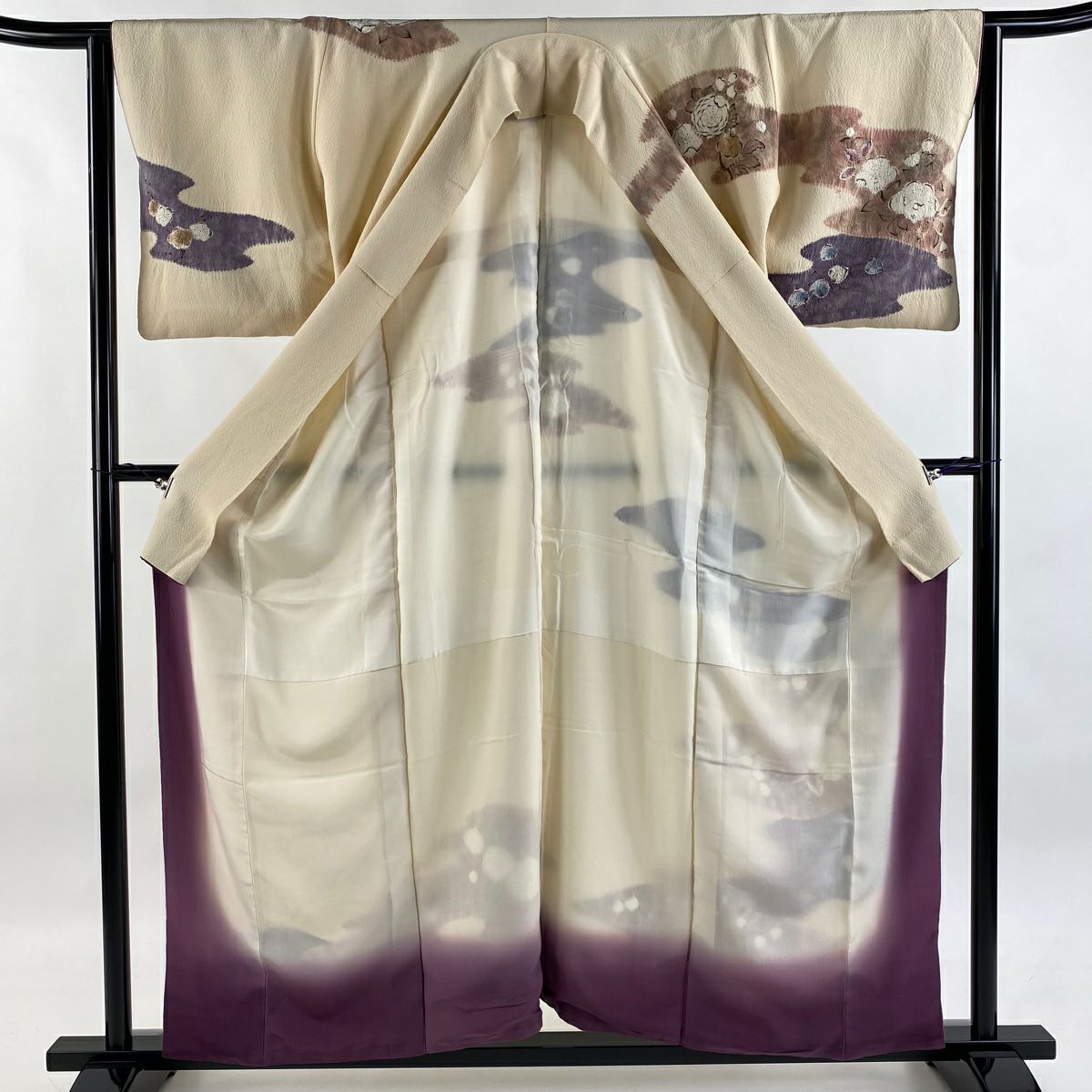 訪問服 身長158cm 袖長63cm S 雙層 滝泰 有落款 枝花 霞 絞染 縮緬 米色 純蠶絲 優品級
