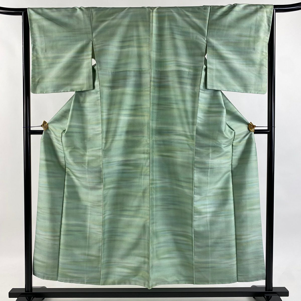 【美品】 小紋 身長154cm 袖長65cm M 雙層 紬織織 霞 漸層 淺綠 純蠶絲 優品級