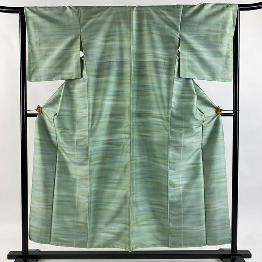 【美品】 小紋 身長154cm 袖長65cm M 雙層 紬織織 霞 漸層 淺綠 純蠶絲 優品級