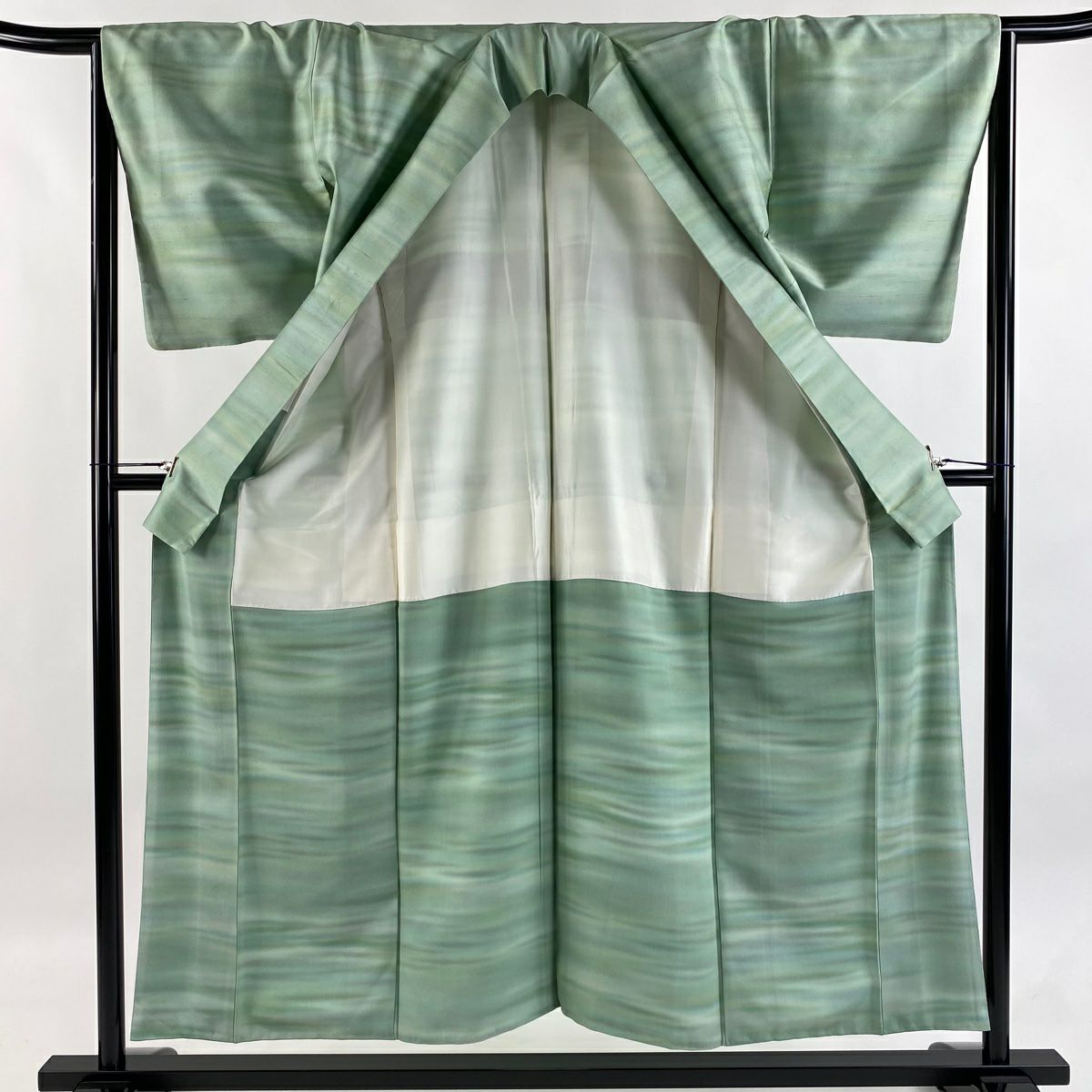 【美品】 小紋 身長154cm 袖長65cm M 雙層 紬織織 霞 漸層 淺綠 純蠶絲 優品級