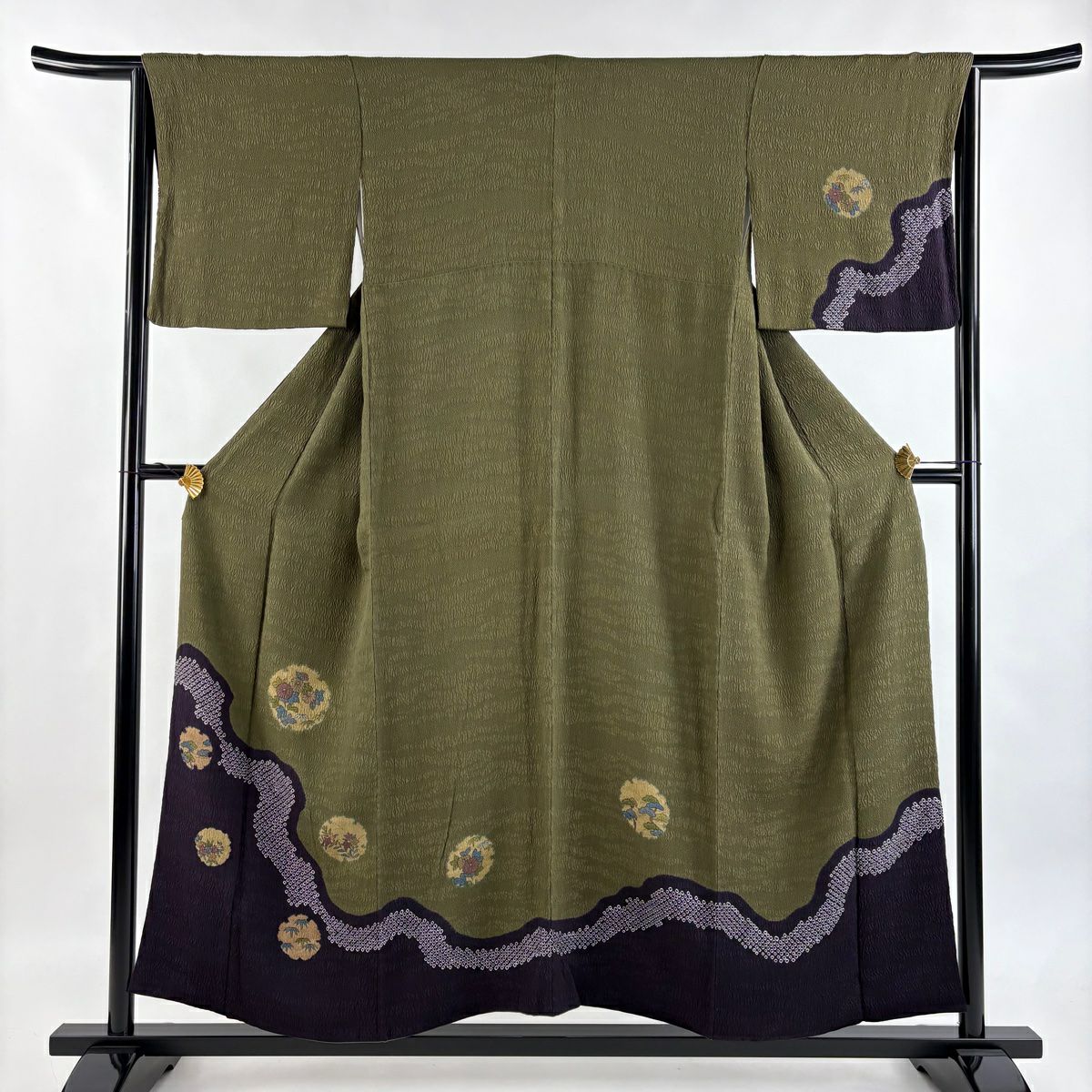 【美品】 付下 身長154cm 袖長64cm M 雙層 雪輪 草花紋紋 鶯 綠 純蠶絲 秀品級