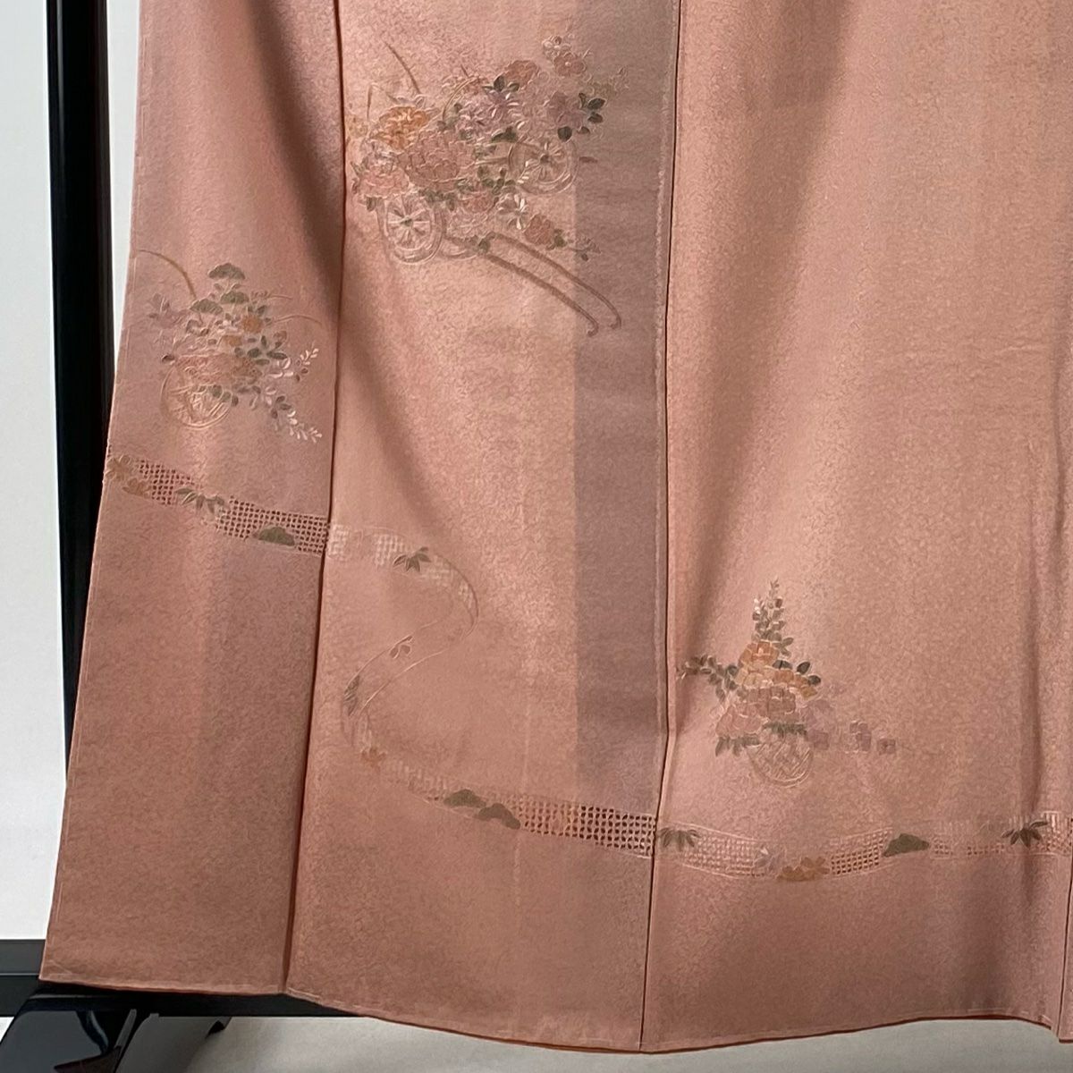 付下 身長160.5cm 袖長67cm M 雙層 花車 草籠 刺繡 漸層 粉紅 純蠶絲 優品級