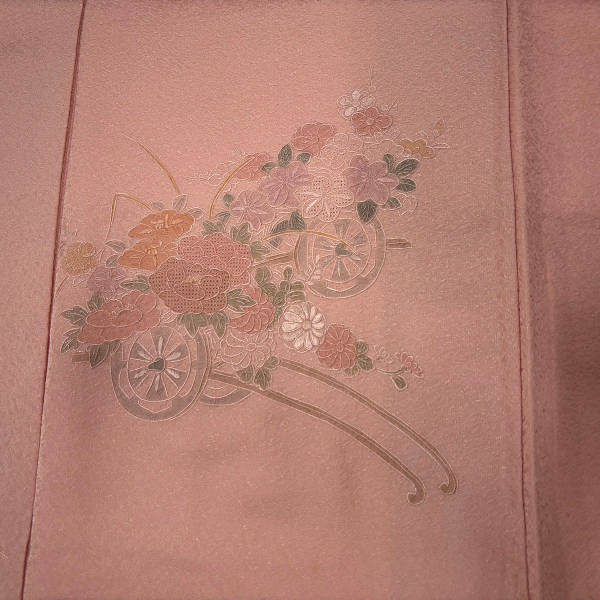 付下 身長160.5cm 袖長67cm M 雙層 花車 草籠 刺繡 漸層 粉紅 純蠶絲 優品級