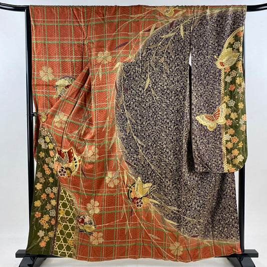 振袖禮服 身長159cm 袖長67cm M 雙層 蝶 格子 金絲 金銀彩 紅茶 純蠶絲 秀品級