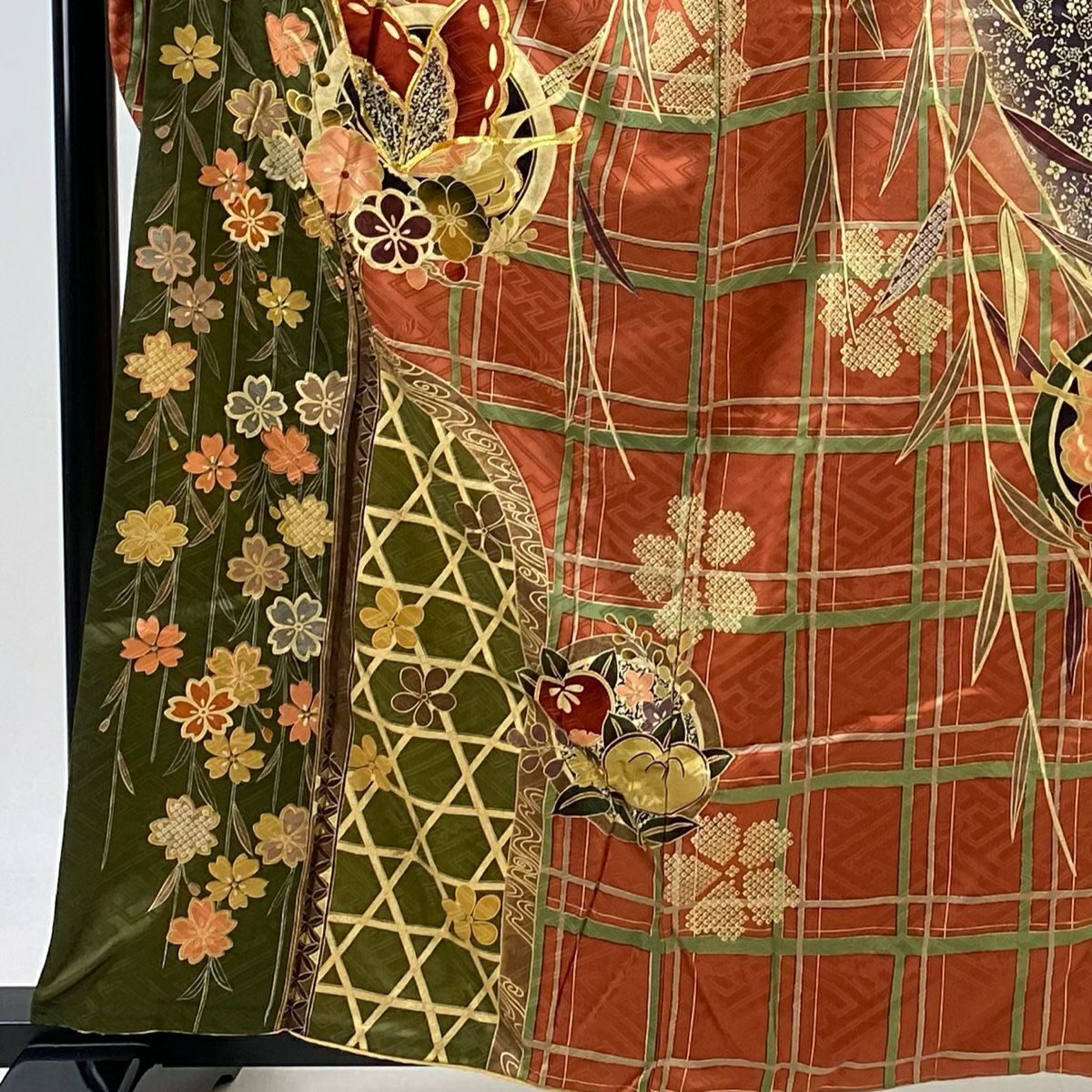 振袖禮服 身長159cm 袖長67cm M 雙層 蝶 格子 金絲 金銀彩 紅茶 純蠶絲 秀品級