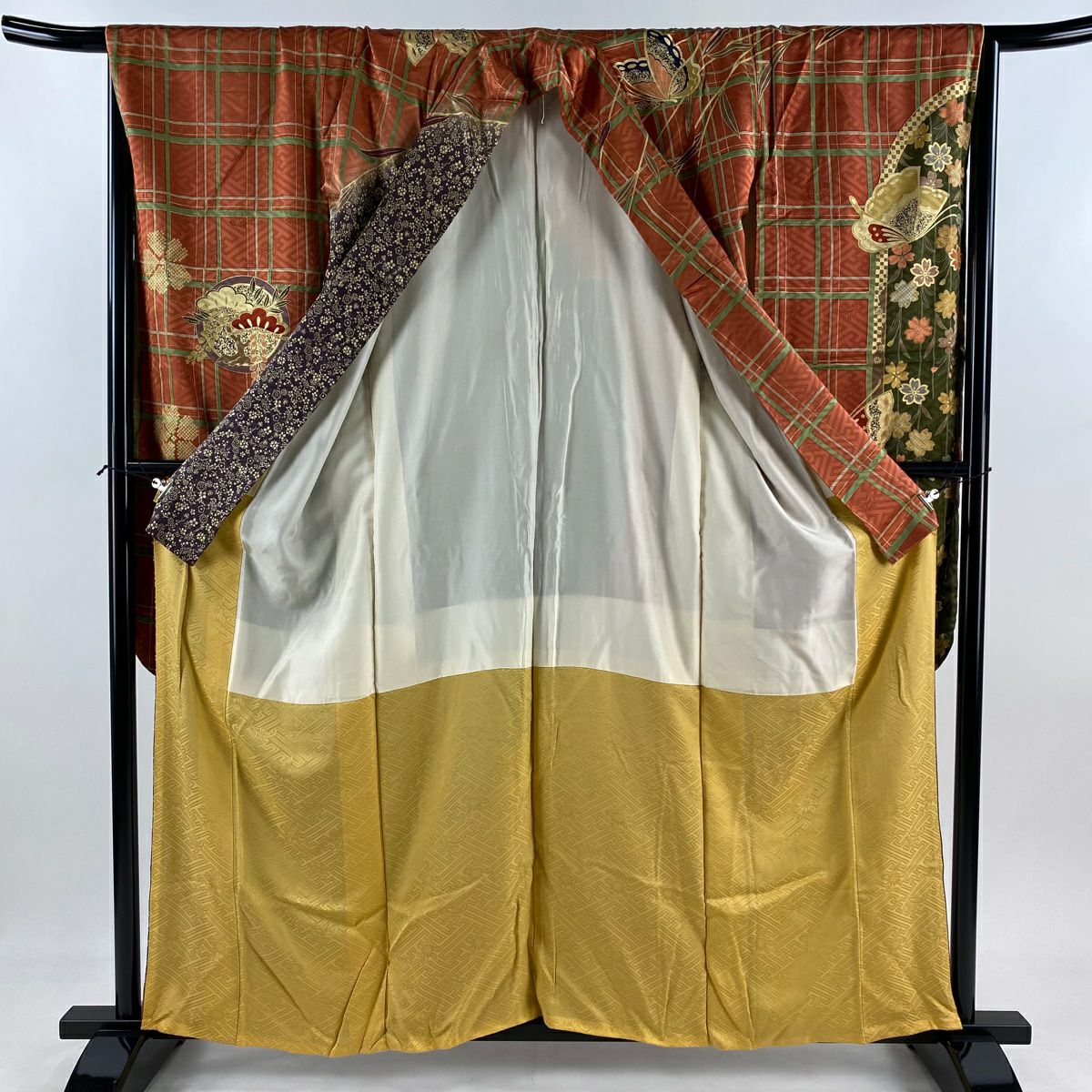 振袖禮服 身長159cm 袖長67cm M 雙層 蝶 格子 金絲 金銀彩 紅茶 純蠶絲 秀品級