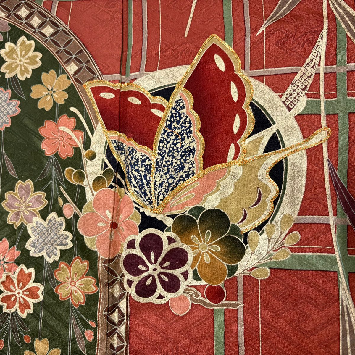 振袖禮服 身長159cm 袖長67cm M 雙層 蝶 格子 金絲 金銀彩 紅茶 純蠶絲 秀品級