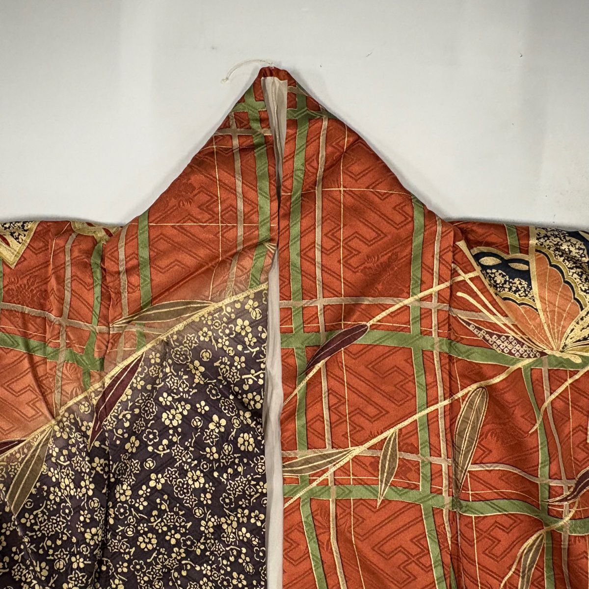 振袖禮服 身長159cm 袖長67cm M 雙層 蝶 格子 金絲 金銀彩 紅茶 純蠶絲 秀品級