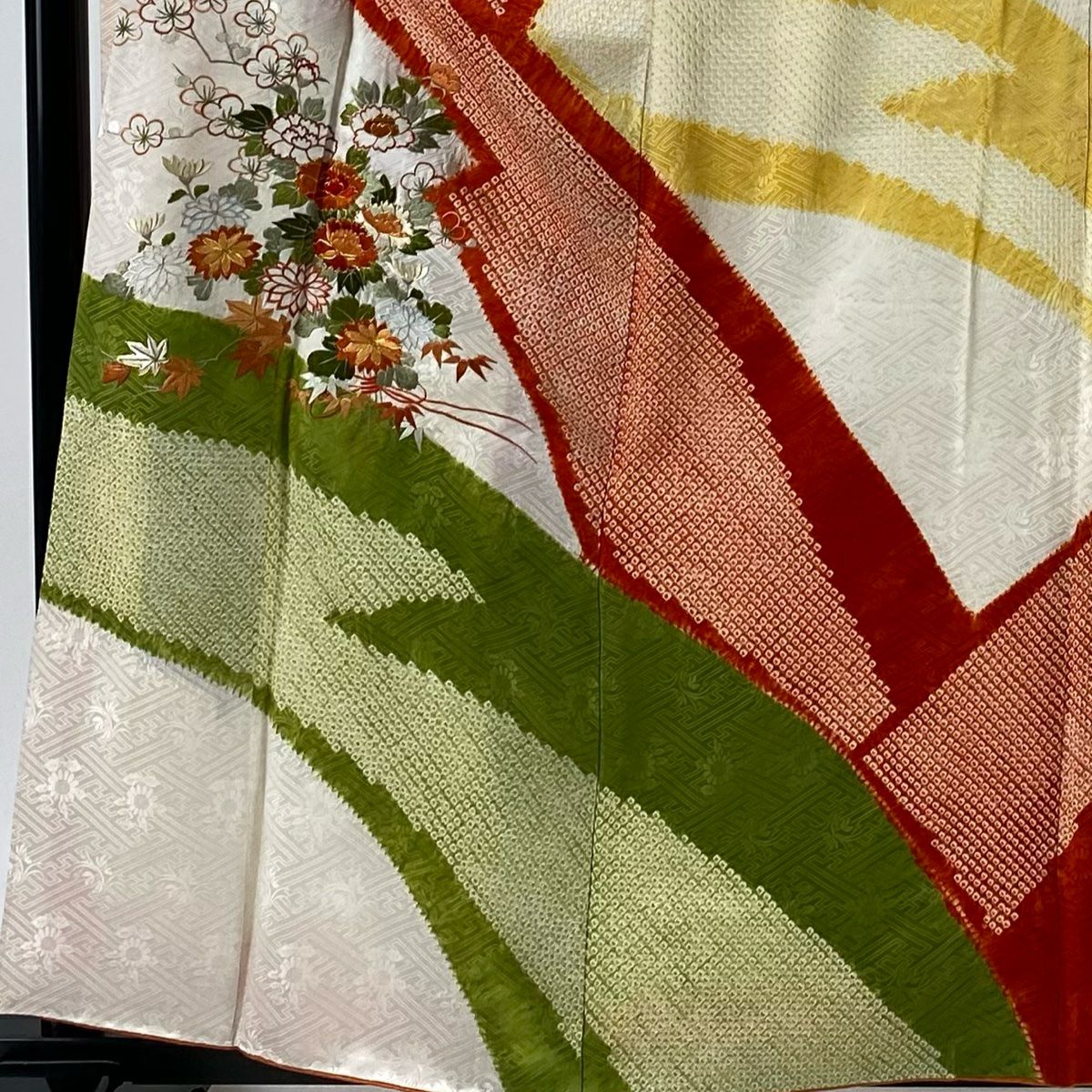振袖禮服 身長159cm 袖長63.5cm S 雙層 牡丹 梅花 刺繡 絞染 白 純蠶絲 秀品級