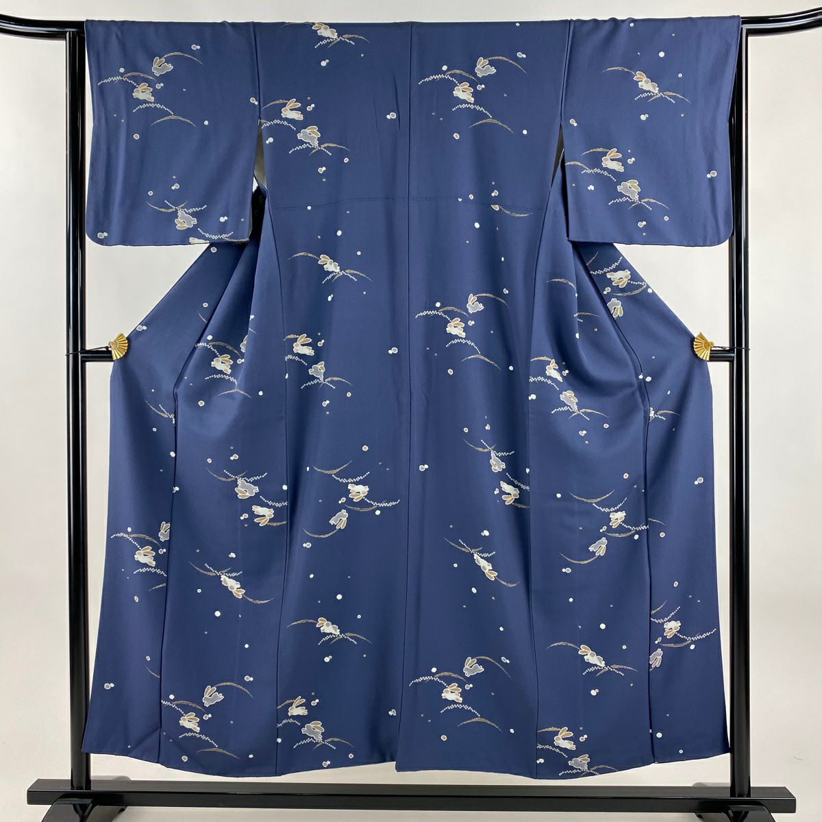 小紋 身長152.5cm 袖長63.5cm S 雙層 兔子 草地 金銀彩 深藍 純蠶絲 名品級