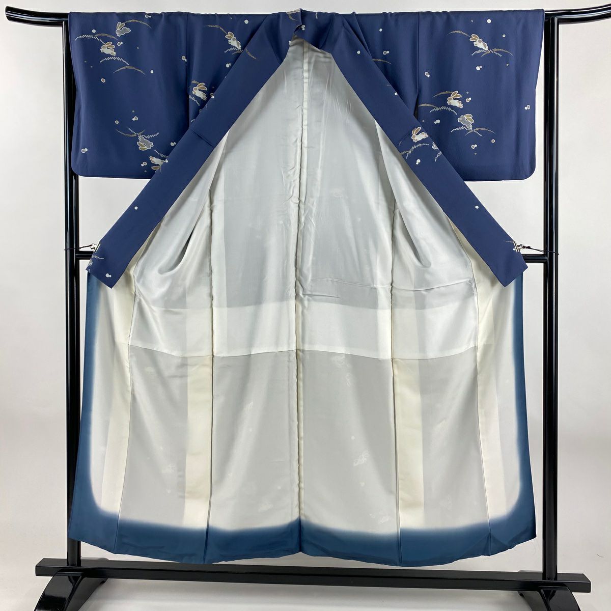 小紋 身長152.5cm 袖長63.5cm S 雙層 兔子 草地 金銀彩 深藍 純蠶絲 名品級