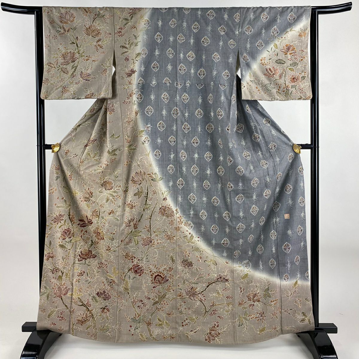 訪問服 身長163.5cm 袖長62.5cm S 雙層 紬織織 落款あり 枝花刺繡 金糸 薄茶 純蠶絲 名品級