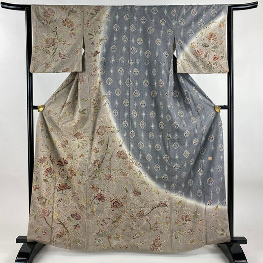 訪問服 身長163.5cm 袖長62.5cm S 雙層 紬織織 落款あり 枝花刺繡 金糸 薄茶 純蠶絲 名品級