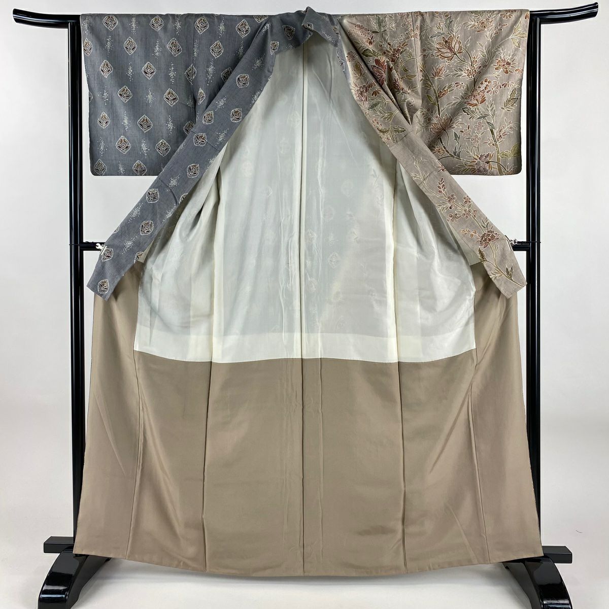 訪問服 身長163.5cm 袖長62.5cm S 雙層 紬織織 落款あり 枝花刺繡 金糸 薄茶 純蠶絲 名品級