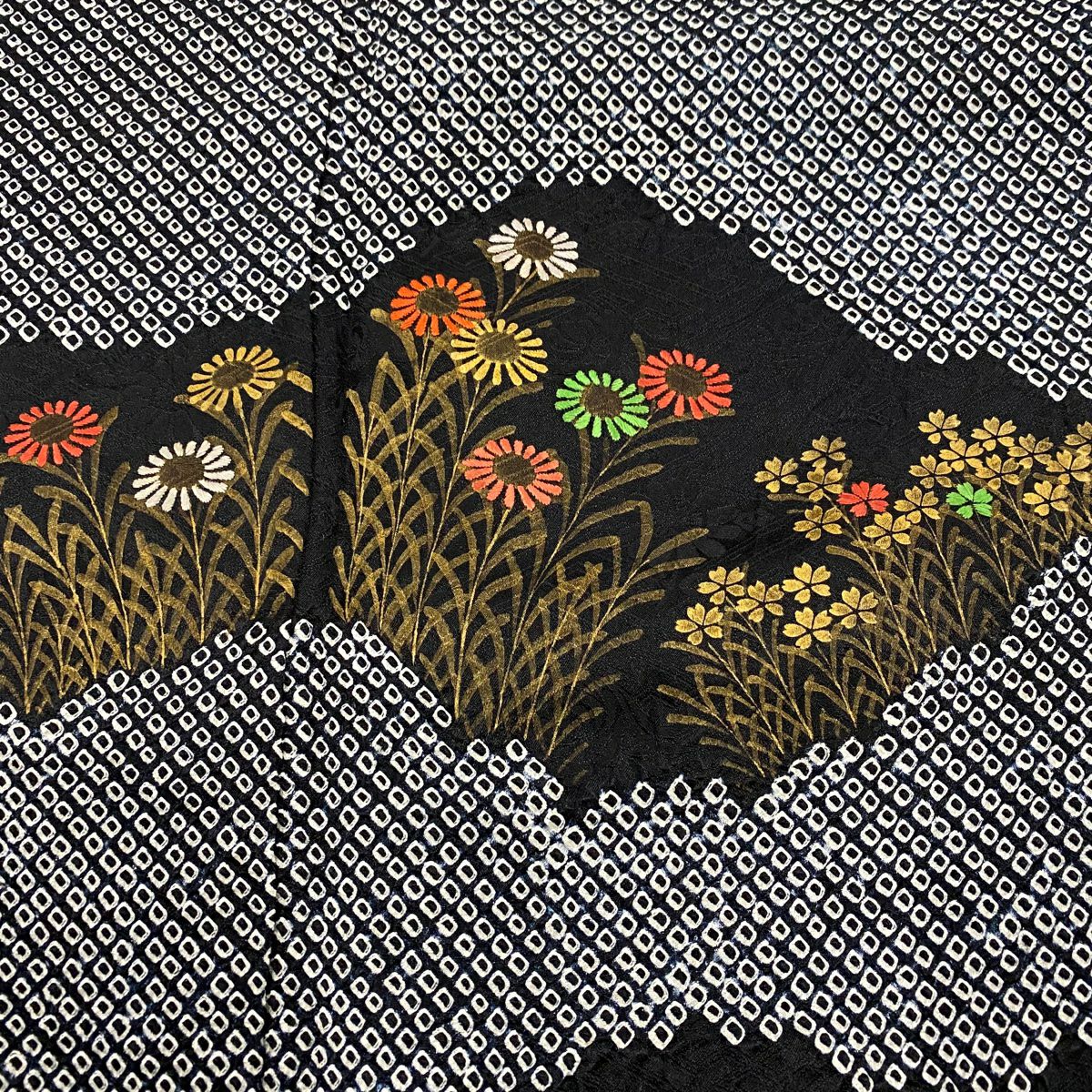 付下 身長157cm 袖長64cm M 雙層 菊花 金金箔散佈 絞染 金銀彩 黑灰 純蠶絲 名品級